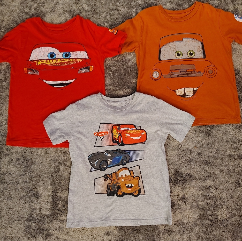 3 Lightning McQueen/Tow Mater Cars Shirts Set - Red, Orange, and Gray. Size 7/8